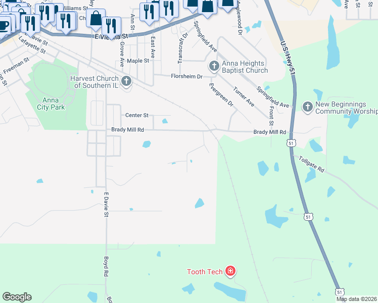 map of restaurants, bars, coffee shops, grocery stores, and more near 105 Mimosa Drive in Anna