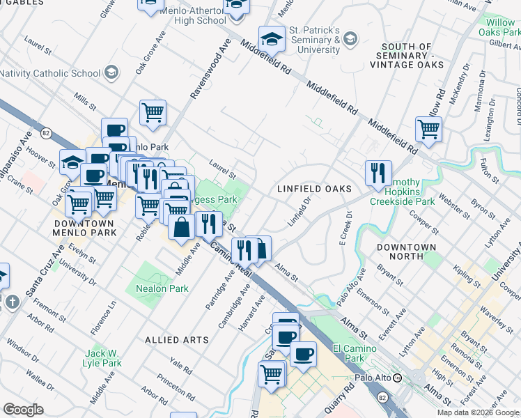 map of restaurants, bars, coffee shops, grocery stores, and more near 429 Waverley Street in Menlo Park
