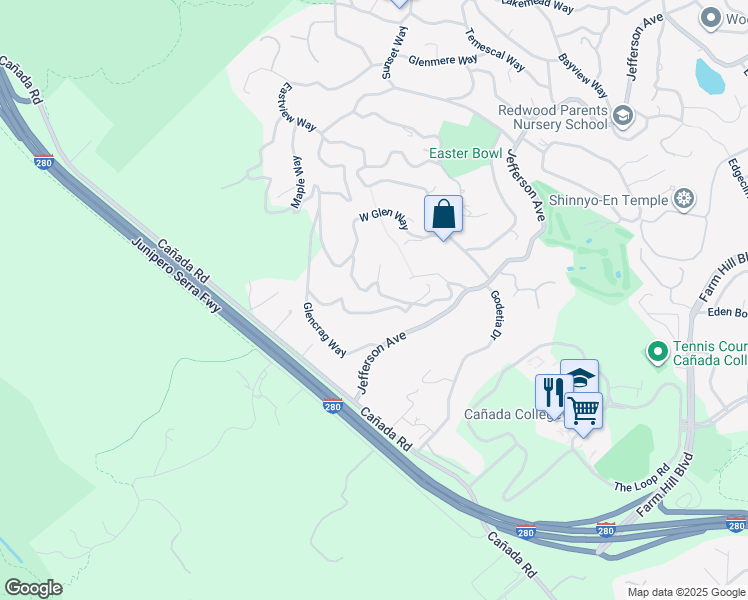 map of restaurants, bars, coffee shops, grocery stores, and more near 643 Woodside Way in Woodside