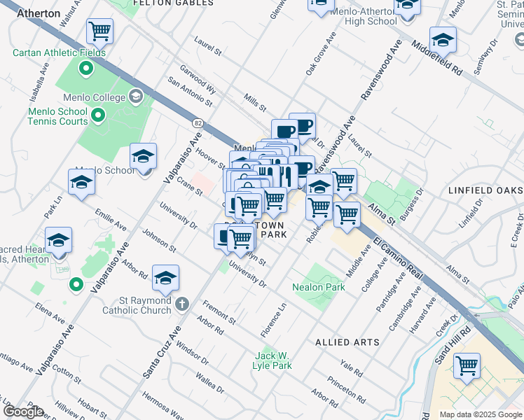 map of restaurants, bars, coffee shops, grocery stores, and more near 701 Santa Cruz Avenue in Menlo Park