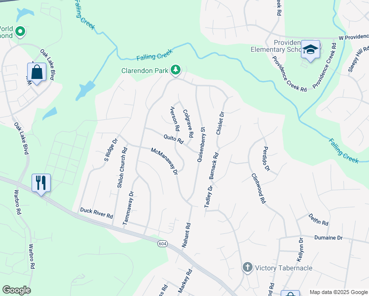 map of restaurants, bars, coffee shops, grocery stores, and more near 12025 Quito Road in Midlothian