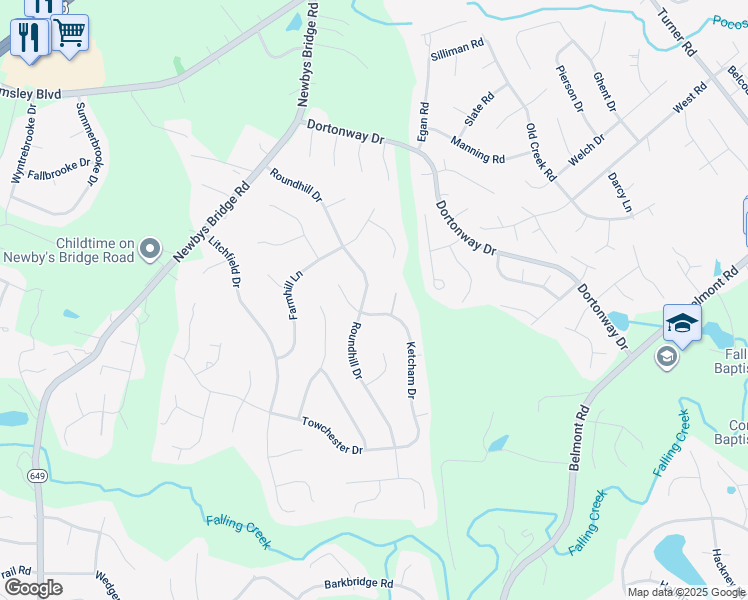 map of restaurants, bars, coffee shops, grocery stores, and more near 4155 Roundhill Drive in Chesterfield