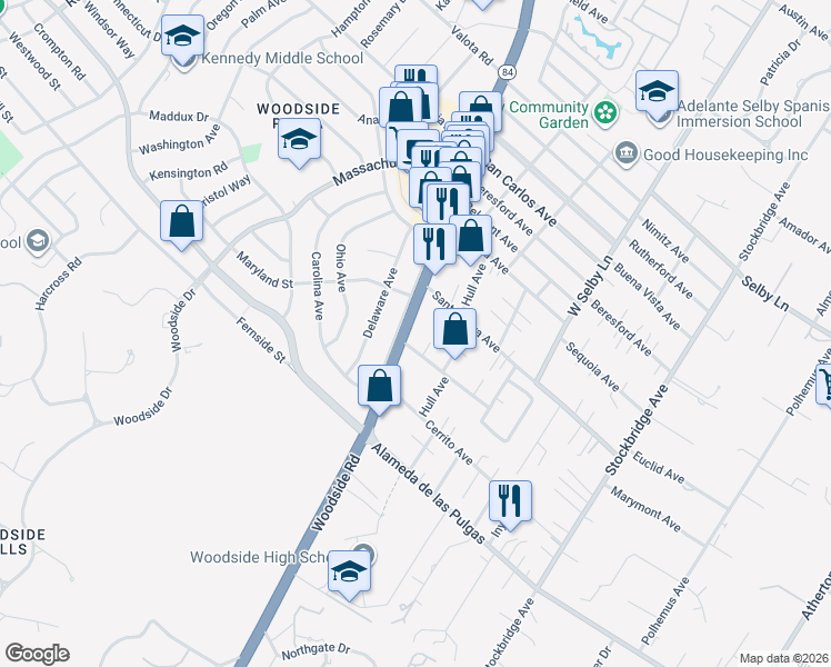 map of restaurants, bars, coffee shops, grocery stores, and more near 1887 Woodside Road in Redwood City