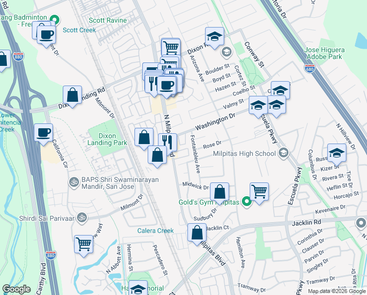 map of restaurants, bars, coffee shops, grocery stores, and more near 52 Washington Square Drive in Milpitas