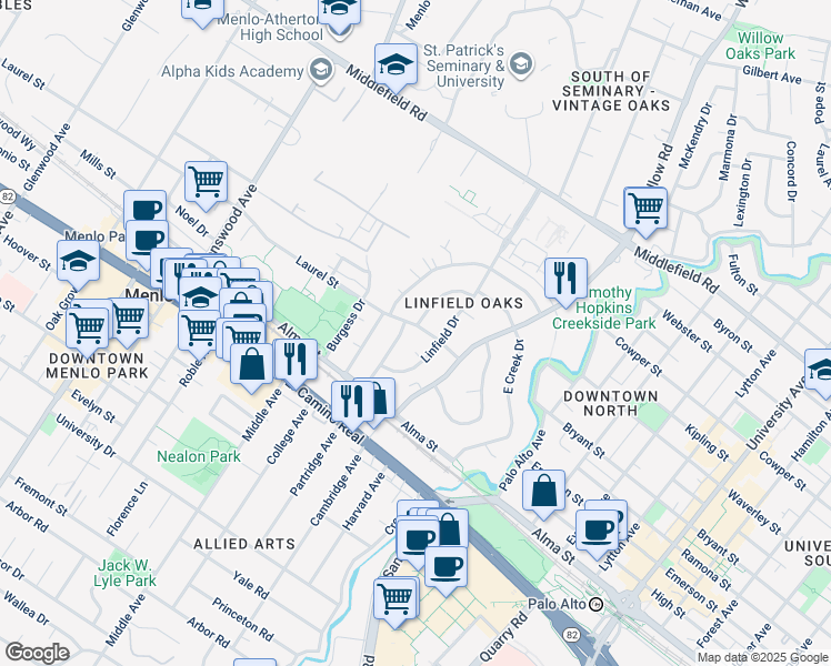 map of restaurants, bars, coffee shops, grocery stores, and more near in Menlo Park