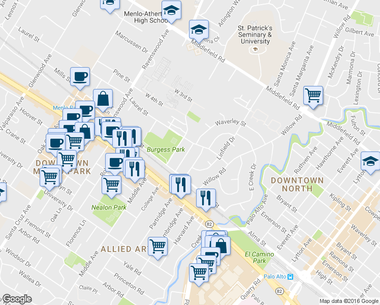 map of restaurants, bars, coffee shops, grocery stores, and more near 411 Waverley Street in Menlo Park
