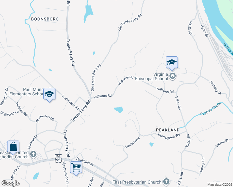 map of restaurants, bars, coffee shops, grocery stores, and more near 4401 Williams Road in Lynchburg