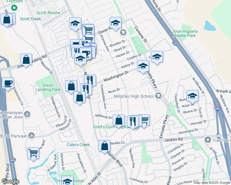 map of restaurants, bars, coffee shops, grocery stores, and more near 198 Rose Drive in Milpitas
