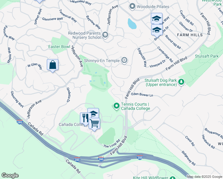 map of restaurants, bars, coffee shops, grocery stores, and more near 4016 Farm Hill Boulevard in Redwood City