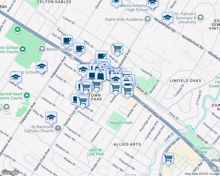 map of restaurants, bars, coffee shops, grocery stores, and more near 650 Live Oak Avenue in Menlo Park