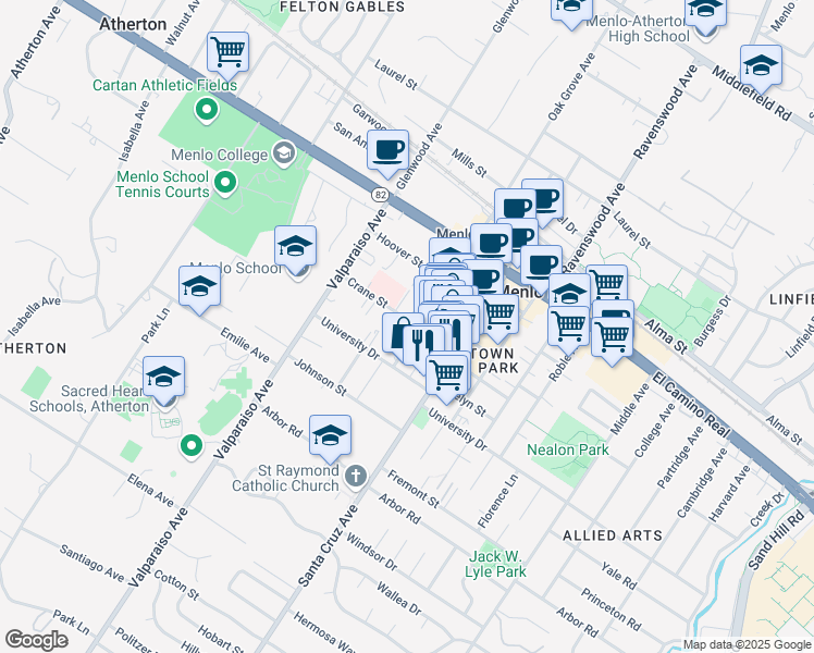map of restaurants, bars, coffee shops, grocery stores, and more near 800 Oak Grove Avenue in Menlo Park
