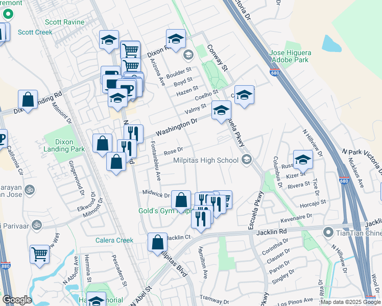 map of restaurants, bars, coffee shops, grocery stores, and more near 1397 Arizona Avenue in Milpitas