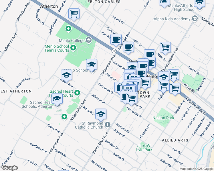 map of restaurants, bars, coffee shops, grocery stores, and more near 1314 University Drive in Menlo Park