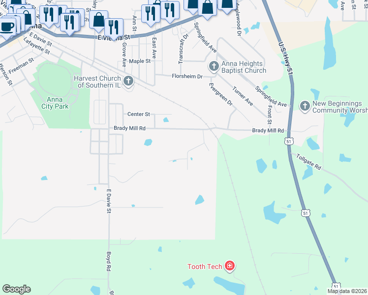 map of restaurants, bars, coffee shops, grocery stores, and more near 105 Mimosa Drive in Anna