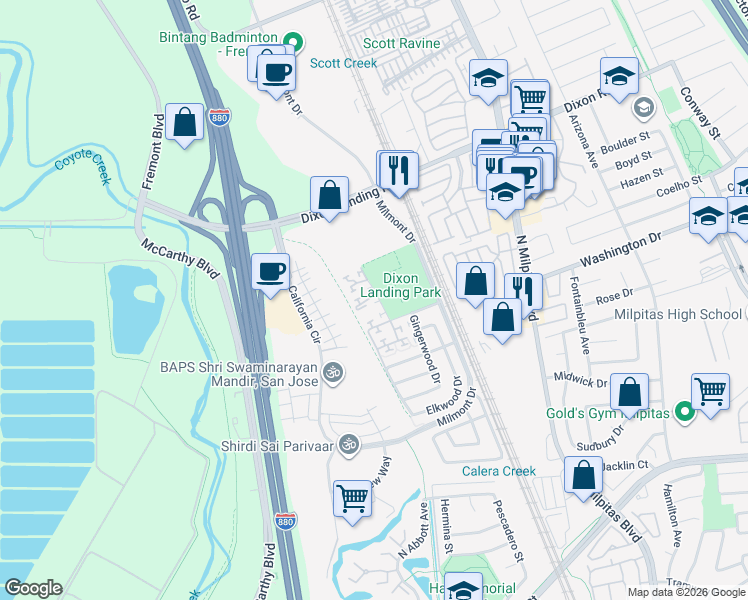map of restaurants, bars, coffee shops, grocery stores, and more near 1559 Larkwood Court in Milpitas