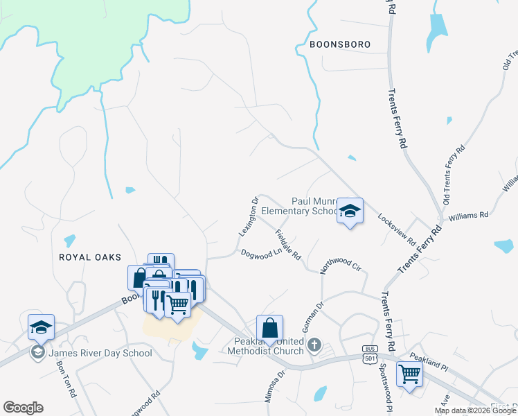 map of restaurants, bars, coffee shops, grocery stores, and more near 4638 Fieldale Rd in Lynchburg