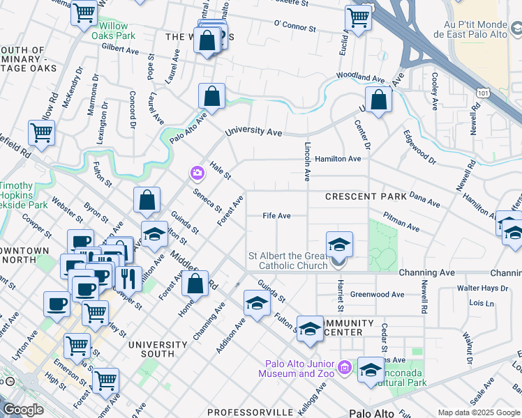 map of restaurants, bars, coffee shops, grocery stores, and more near in Palo Alto