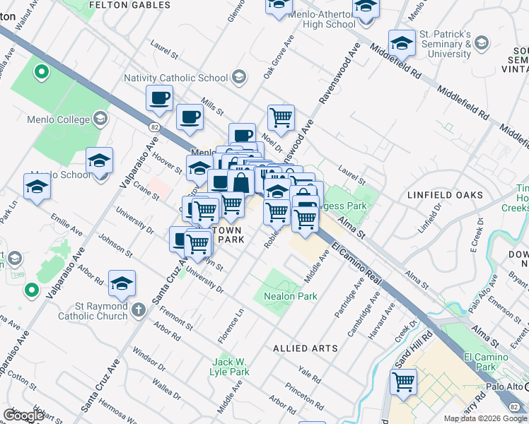 map of restaurants, bars, coffee shops, grocery stores, and more near 877 El Camino Real in Menlo Park