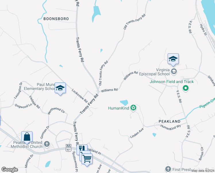map of restaurants, bars, coffee shops, grocery stores, and more near 4412 Williams Road in Lynchburg