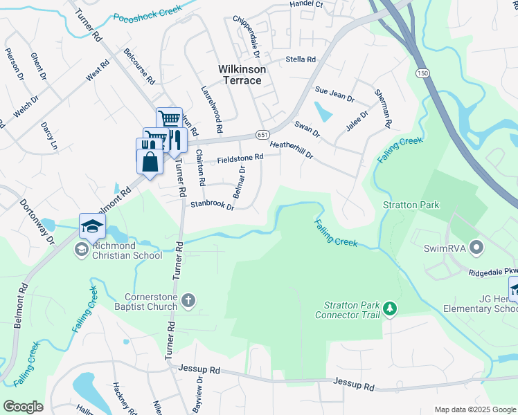 map of restaurants, bars, coffee shops, grocery stores, and more near 4535 Stanbrook Drive in Richmond
