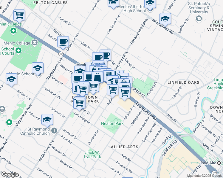 map of restaurants, bars, coffee shops, grocery stores, and more near 877 El Camino Real in Menlo Park