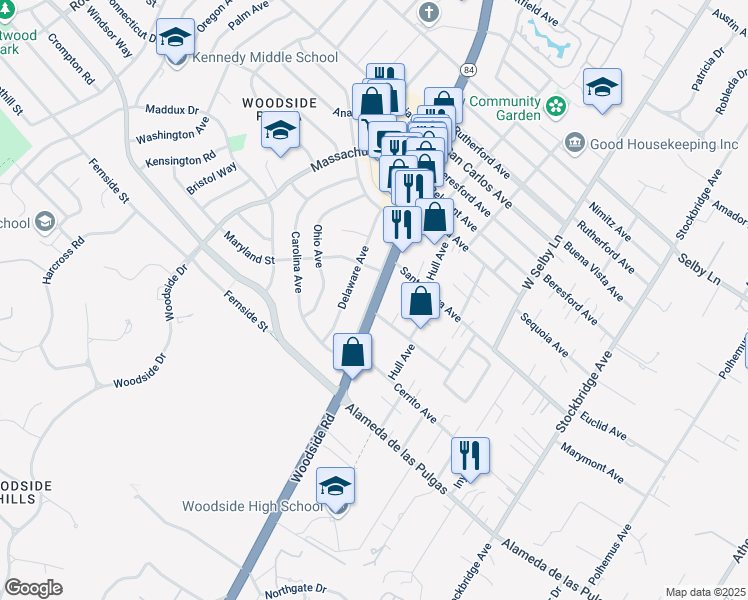map of restaurants, bars, coffee shops, grocery stores, and more near 1856 Woodside Road in Redwood City