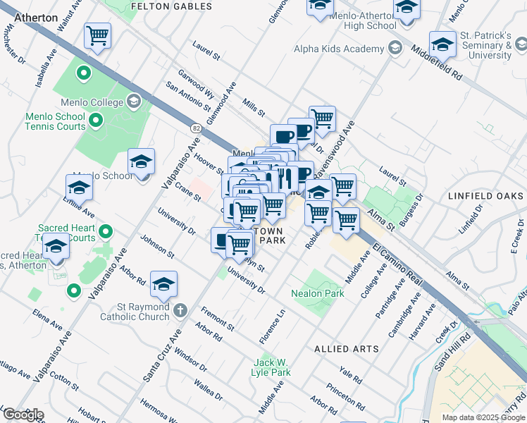 map of restaurants, bars, coffee shops, grocery stores, and more near 701 Santa Cruz Avenue in Menlo Park