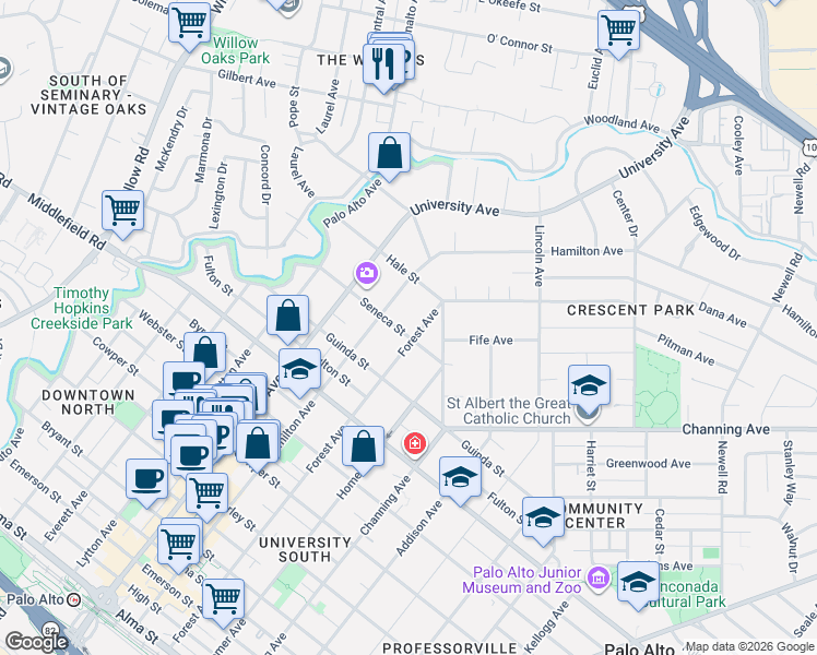 map of restaurants, bars, coffee shops, grocery stores, and more near 649 Seneca Street in Palo Alto