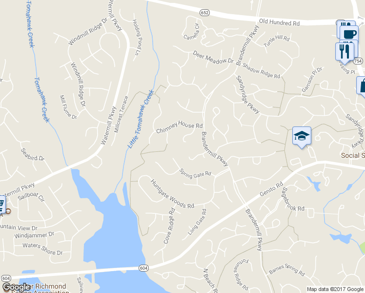 map of restaurants, bars, coffee shops, grocery stores, and more near 2510 Chimney House Court in Midlothian