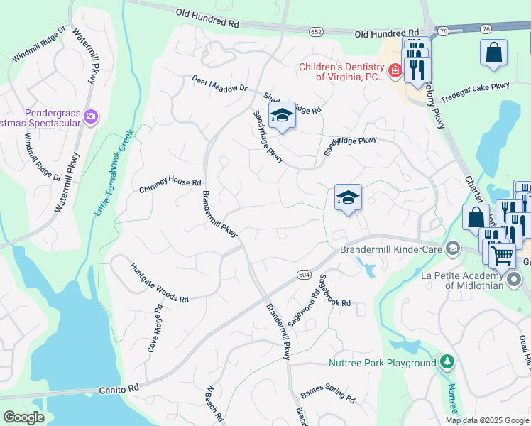 map of restaurants, bars, coffee shops, grocery stores, and more near 14001 Whispering Oaks Road in Midlothian