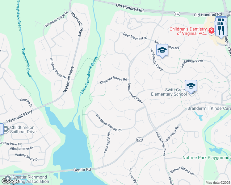 map of restaurants, bars, coffee shops, grocery stores, and more near 2510 Chimney House Court in Midlothian