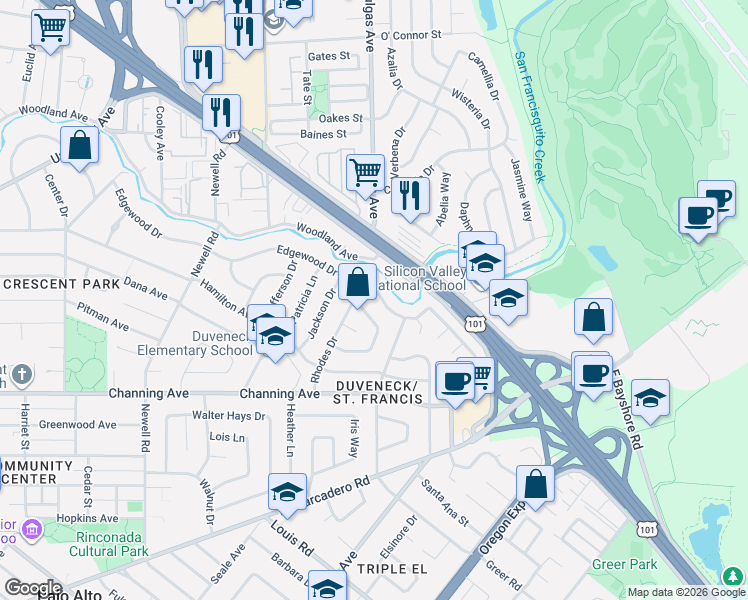 map of restaurants, bars, coffee shops, grocery stores, and more near 1822 Edgewood Drive in Palo Alto