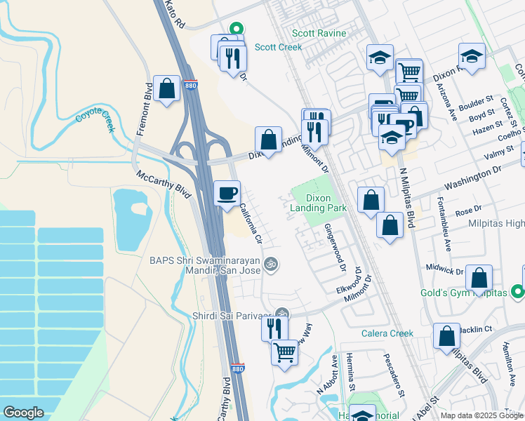 map of restaurants, bars, coffee shops, grocery stores, and more near 1566 Hidden Creek Lane in Milpitas