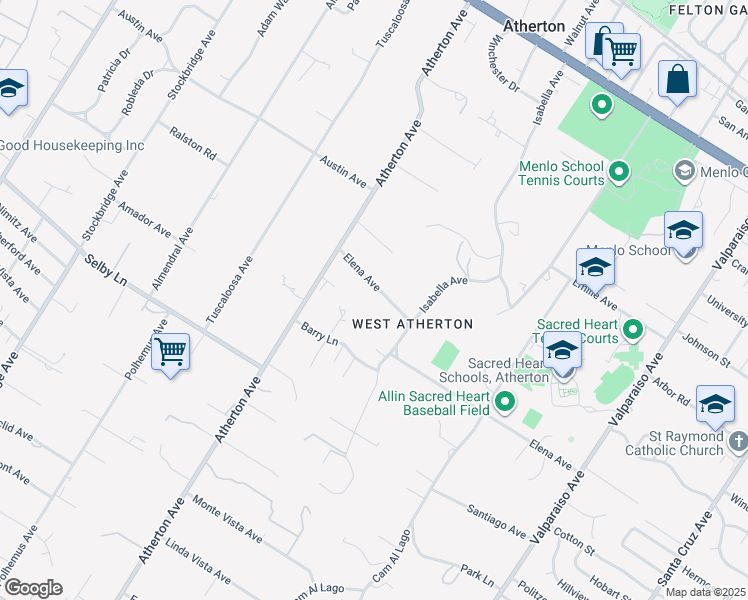 map of restaurants, bars, coffee shops, grocery stores, and more near 68 Elena Avenue in Atherton