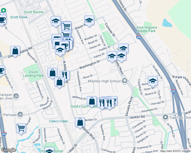 map of restaurants, bars, coffee shops, grocery stores, and more near 1397 Arizona Avenue in Milpitas