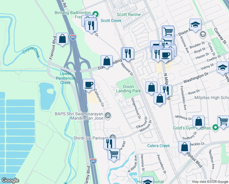 map of restaurants, bars, coffee shops, grocery stores, and more near 468 Cascadita Terrace in Milpitas