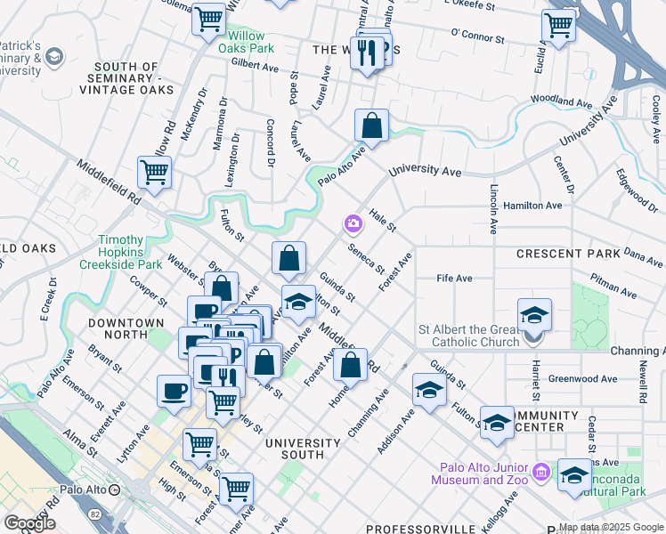 map of restaurants, bars, coffee shops, grocery stores, and more near 855 Hamilton Avenue in Palo Alto