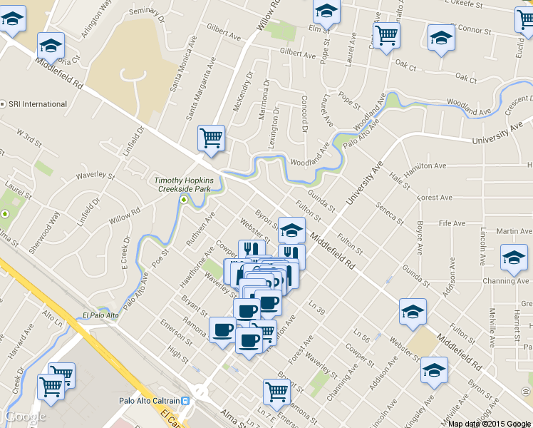 map of restaurants, bars, coffee shops, grocery stores, and more near 657 Everett Avenue in Palo Alto