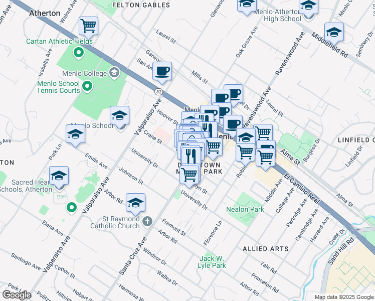 map of restaurants, bars, coffee shops, grocery stores, and more near 1149 Chestnut Street in Menlo Park
