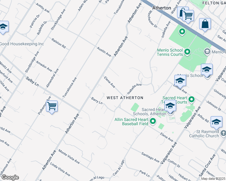 map of restaurants, bars, coffee shops, grocery stores, and more near 68 Elena Avenue in Atherton