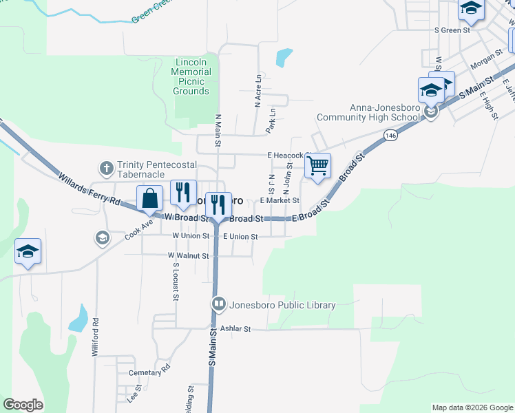 map of restaurants, bars, coffee shops, grocery stores, and more near 100-109 Pecan St in Jonesboro