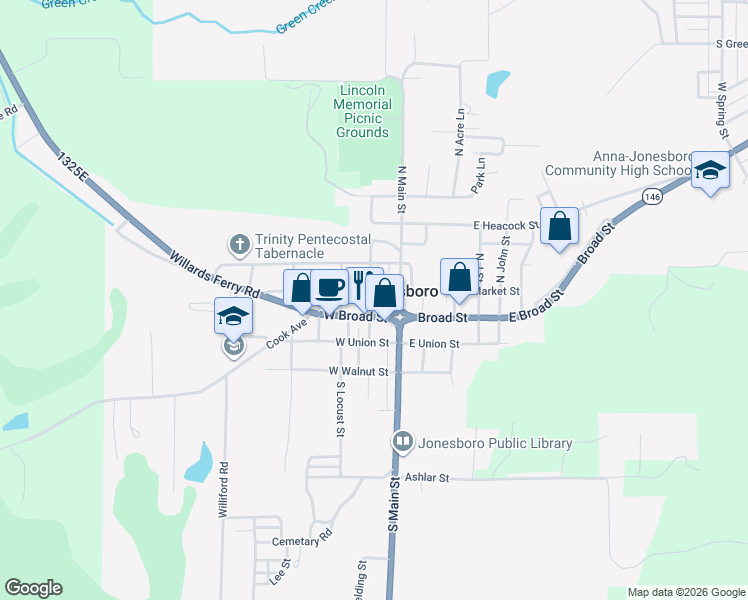 map of restaurants, bars, coffee shops, grocery stores, and more near 104 West Market Street in Jonesboro