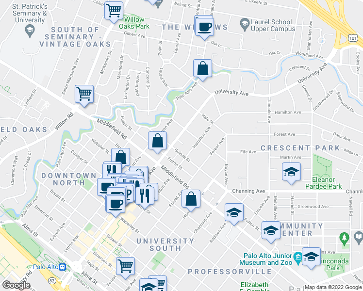 map of restaurants, bars, coffee shops, grocery stores, and more near 824 University Ave in Palo Alto