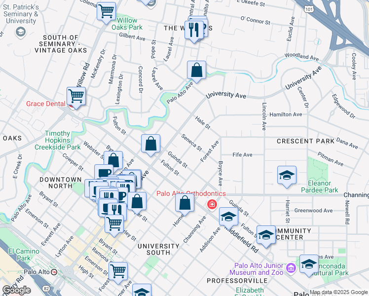 map of restaurants, bars, coffee shops, grocery stores, and more near 855 Hamilton Avenue in Palo Alto
