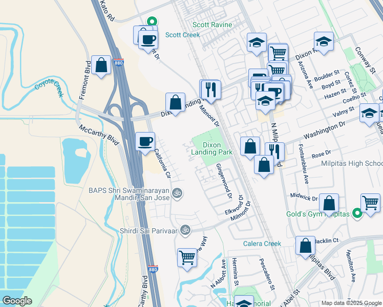map of restaurants, bars, coffee shops, grocery stores, and more near 453 Alegra Terrace in Milpitas