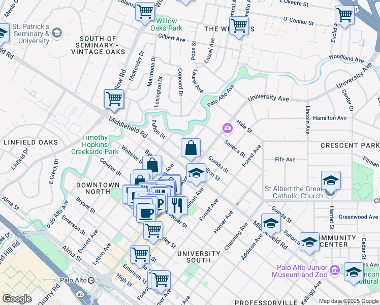 map of restaurants, bars, coffee shops, grocery stores, and more near 417 Fulton Street in Palo Alto