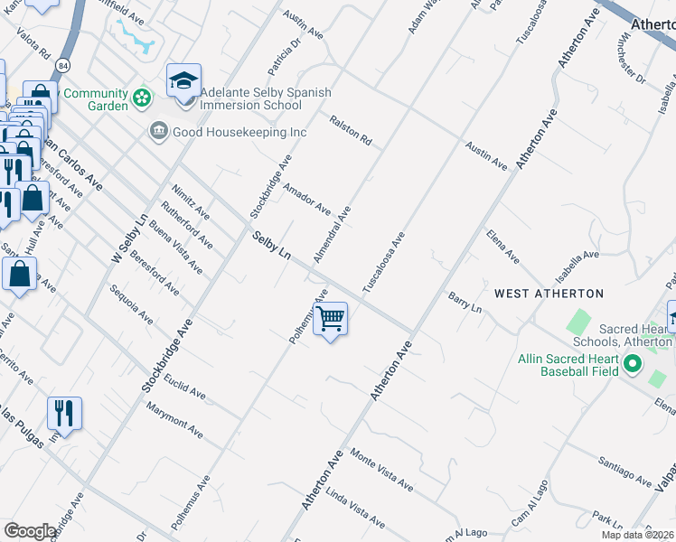 map of restaurants, bars, coffee shops, grocery stores, and more near 399 Selby Lane in Atherton