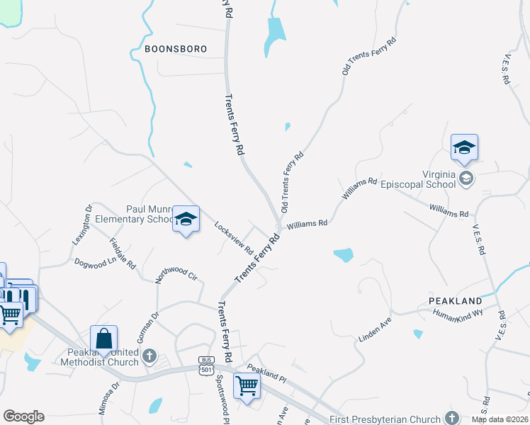 map of restaurants, bars, coffee shops, grocery stores, and more near 1101 Trents Ferry Road in Lynchburg