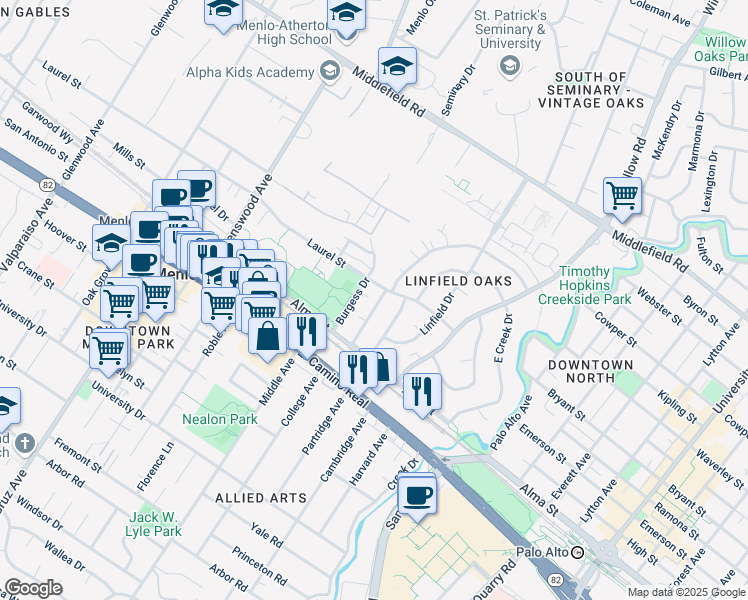 map of restaurants, bars, coffee shops, grocery stores, and more near 416 Waverley Street in Menlo Park