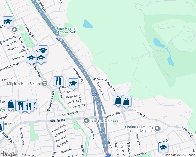 map of restaurants, bars, coffee shops, grocery stores, and more near 1109 El Camino Higuera in Milpitas